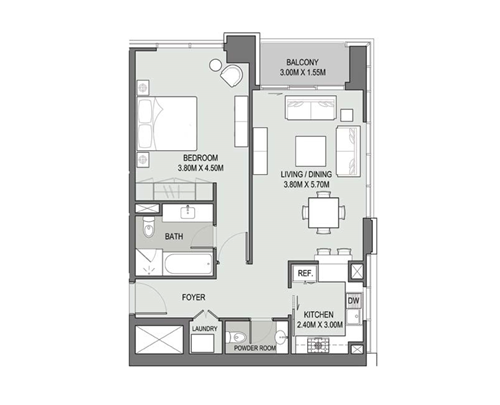مخطط شقة بـ1 غرفة نوم في برج 2