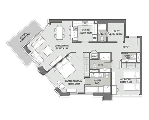 مخطط شقة بـ2 غرفة نوم في برج 2