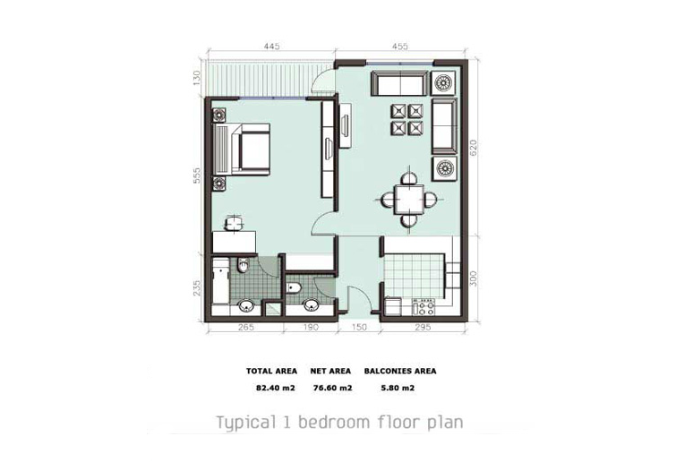 مخطط شقة بـ1 غرفة نوم