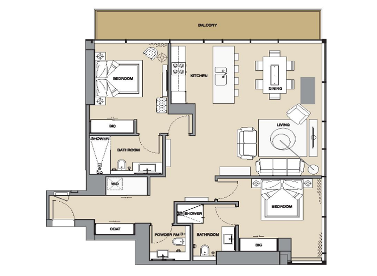 مخطط شقة ب2 غرفة نوم