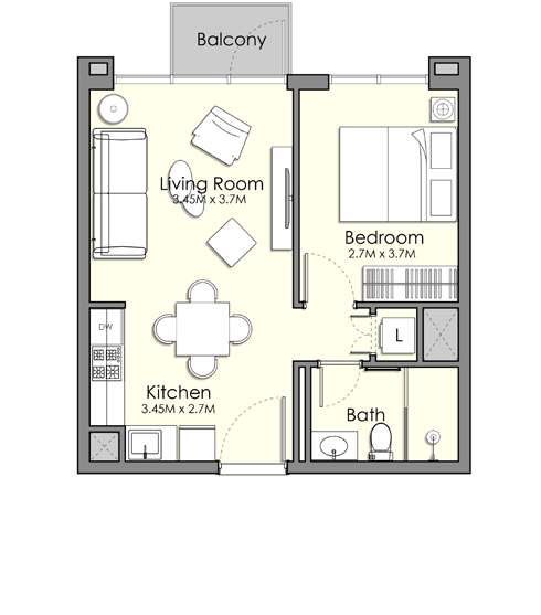 مخطط شقة بـ 1 غرف نوم