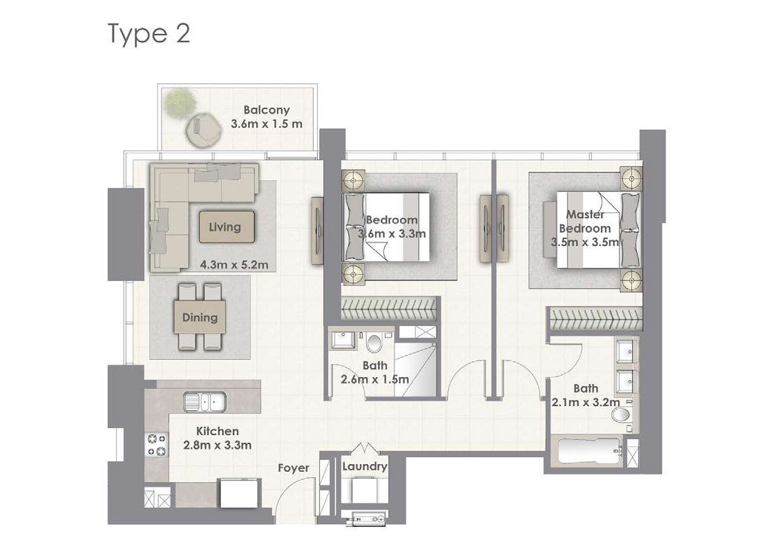 مخطط شقة بـ 2 غرف نوم