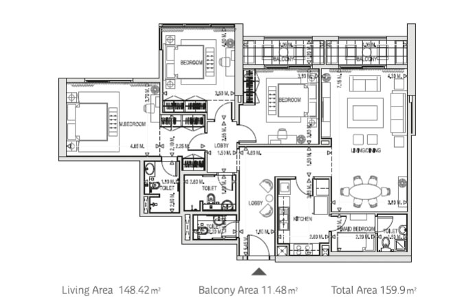 مخطط شقة 3 غرفة نوم