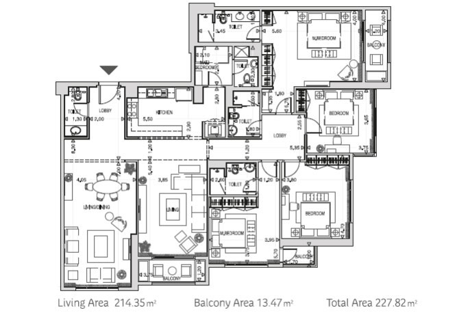 مخطط شقة 4 غرفة نوم