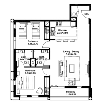 مخطط شقة 2 غرفة نوم