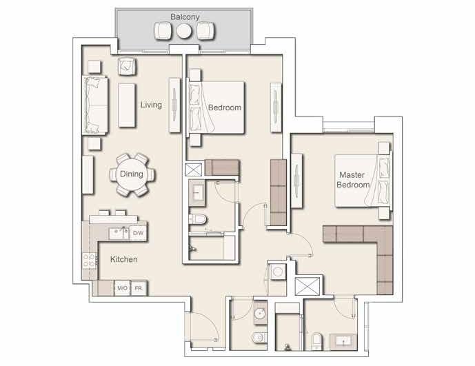 مخطط شقة 2 غرفة نوم
