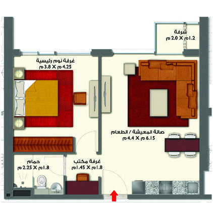 مخطط شقة 1 غرفة نوم