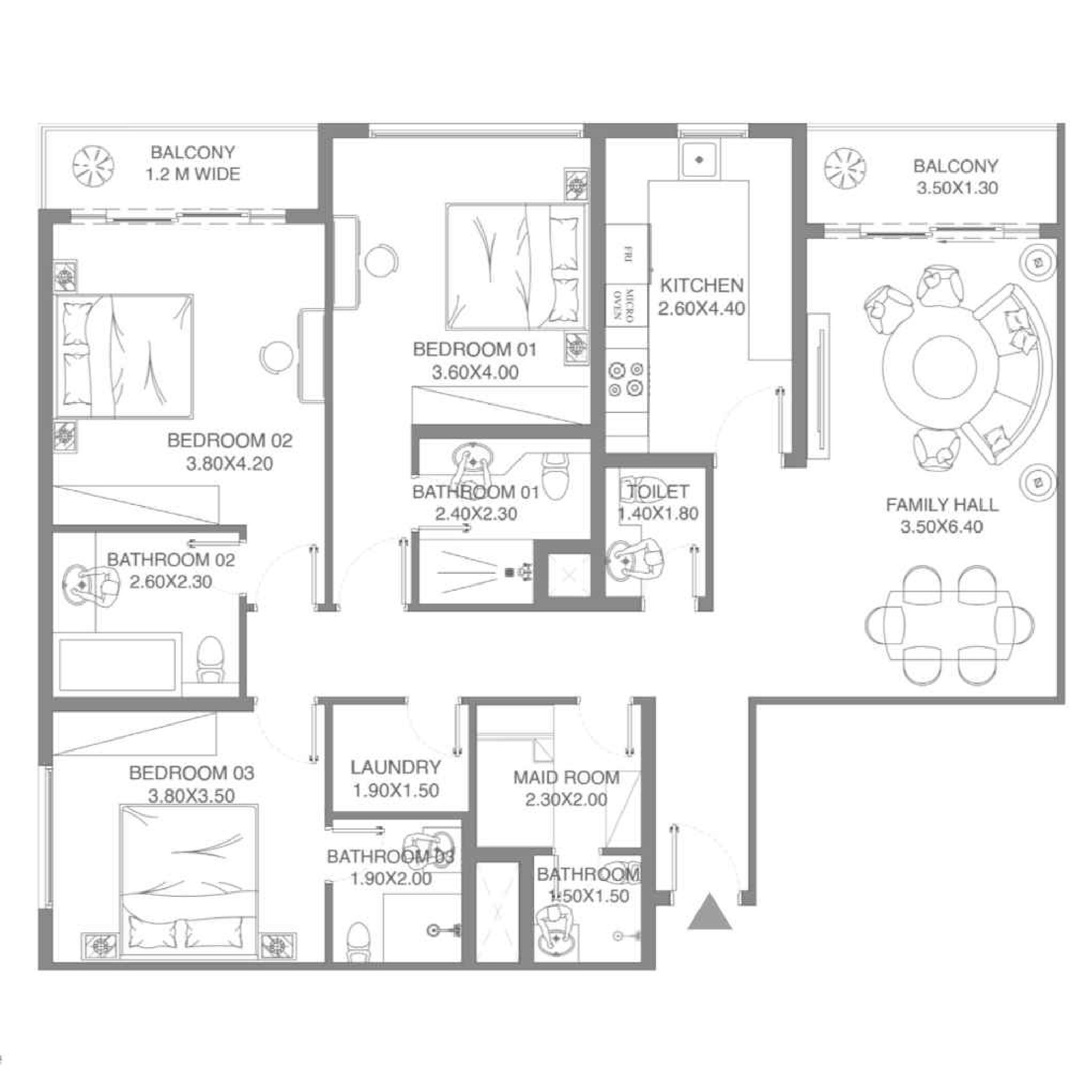 مخطط شقة 3 غرف نوم
